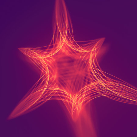 Geometric abstraction with orange-red glowing lines on a dark purple background. The lines form a dynamic network, creating a visual effect of depth. The style is modern and futuristic. 3d renderingの写真素材