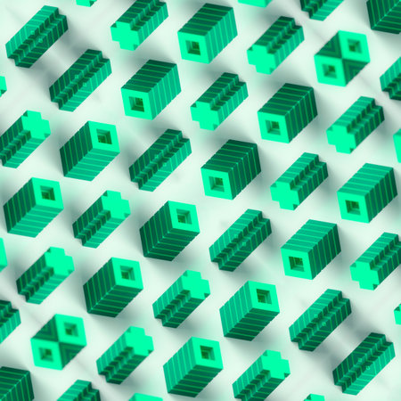 Digital illustration of a unique symmetrical structure of geometric objects in the form of green...