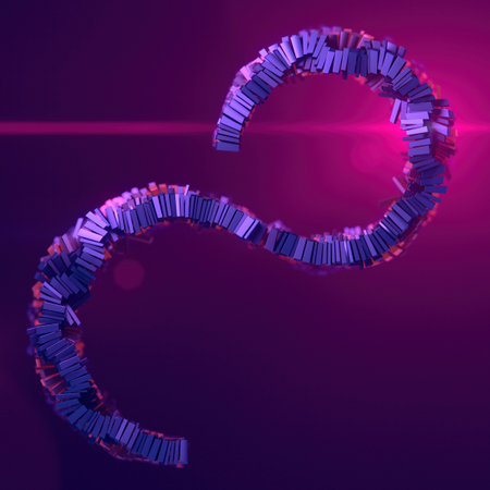 Curved wave formed by pink and purple metallic blocks shining on dark background. 3d rendering digital illustrationの写真素材