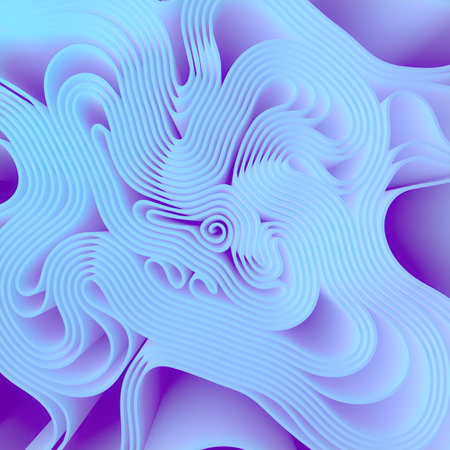 Abstract digital illustration with a wavy pattern reminiscent of the smooth curves of fabric. The color palette includes soft gradients of blue and purple, creating an effect of depth. 3d renderingの写真素材