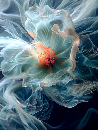 A flower of light and mist in a mysterious space. Its transparent blue petals with orange highlights create the illusion of magic and ephemeral, fantastic spaceの素材