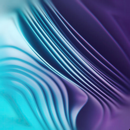 Mesmerizing waves of shiny fabric with neon blue-violet gradient. Depth of field effect. 3d rendering digital illustrationの写真素材