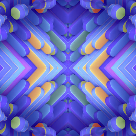 Illustration of a group of geometric objects with rounded edges in rich purples, oranges and blues....