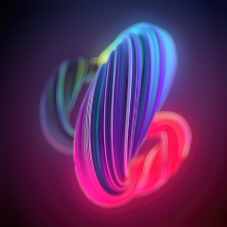 A dynamic abstract composition with smooth three-dimensional ribbons forming a complex geometric structure. Gradients of red, purple and blue hues. 3d rendering digital illustrationの写真素材