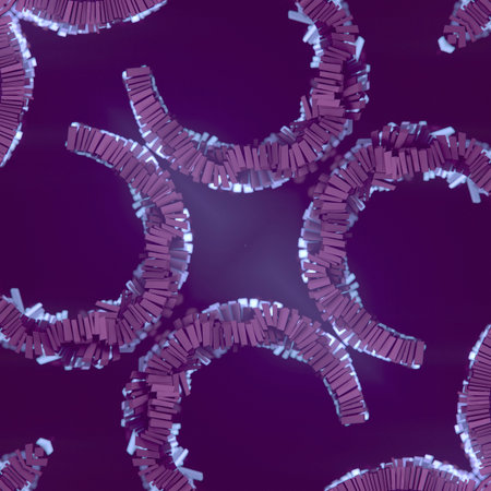 Abstract digital illustration featuring a symmetrical ring pattern composed of multiple metallic rectangles on a dark background. 3d renderingの写真素材