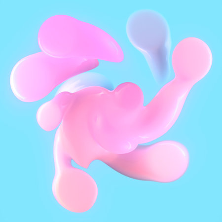 Abstract digital composition of floating liquid drops in various shades of pink. The light blue background enhances their expressiveness. 3d renderingの写真素材