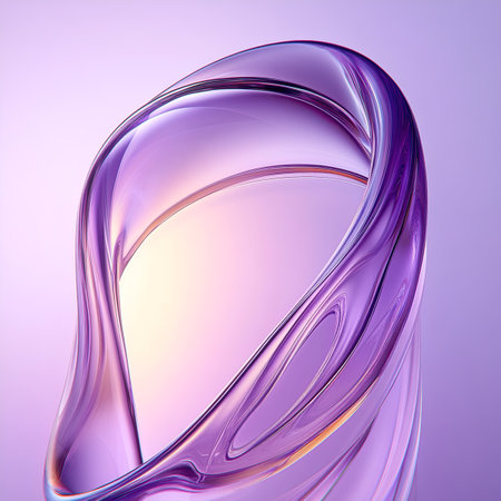 An elegant, abstract, 3D illustration. A curved purple glass shape with a rainbow glare on a pastel background. It is a stylish, modern, minimalist background for premium projectsの素材