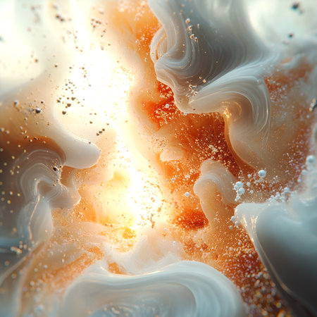 Abstract digital illustration with fluid shapes reminiscent of smoke. White and orange tones shimmer gently to create a sense of movement, while floating bubbles add volumeの素材