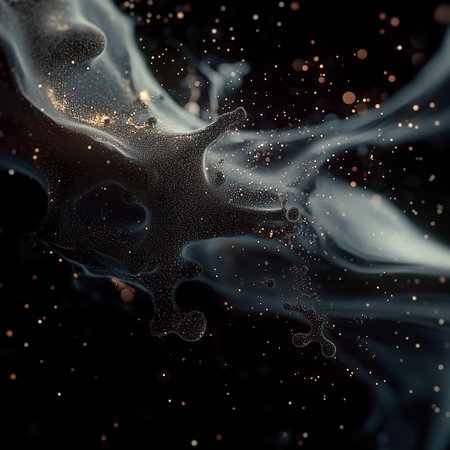 Smooth lines of dark matter enveloping space with shimmering particles create a sense of dynamism. A deep, abstract compositionの素材