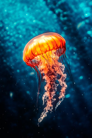 A sun-domed jellyfish glows softly as its long tentacles sink into the deep blue of the water. The illustration embodies grace and harmonyの素材