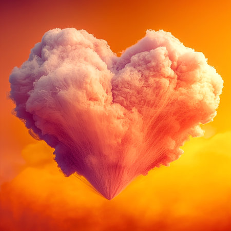 A heart-shaped cloud slowly drifts across a sky flooded with warm colors. Color transitions from red to pink enhance the cozy effectの素材