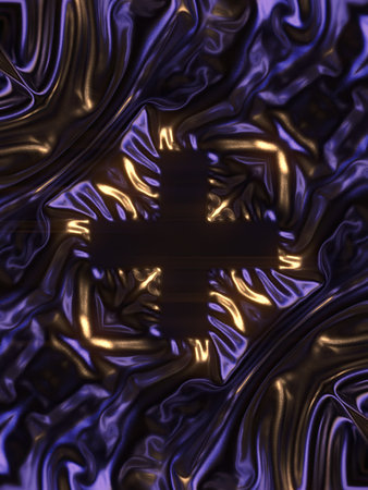 A luxurious background with a purple silk texture. In the center is a dark, cross-shaped symbol illuminated by a warm, golden glow. A mystical and elegant 3D compositionの写真素材