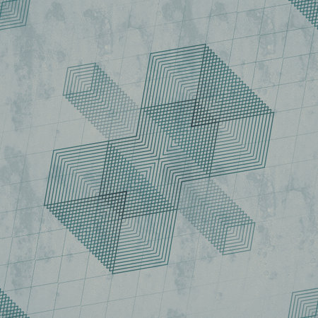 An abstract vintage background with geometric shapes in the form of crosses or plus signs. A minimalist, retro design with turquoise lines on an aged paper texture with a grid. 3d renderingの写真素材