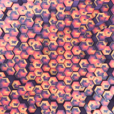 A warm, abstract background with three-dimensional hexagons. Shades of orange, yellow, and purple create a sunset effect. A geometric retro pattern with beautiful depth. 3d renderingの写真素材