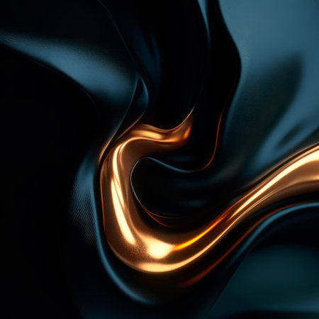 Illustration of a smooth golden drop flowing slowly over black leather. The deep background enhances the glow of the precious metal, creating an expressive effectの素材