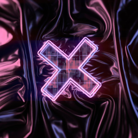 Retro-style neon X symbol on a dark silk background. The pink and blue gradient and pixel texture...