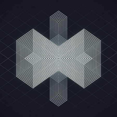 An abstract, technological background with a symmetrical figure made of white lines. A futuristic...
