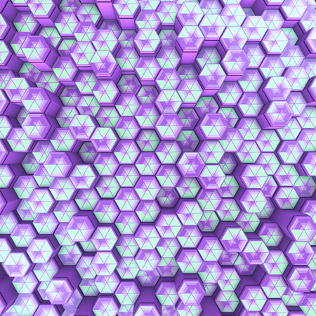 A futuristic 3D rendering background with a crystalline, hexagonal surface. Purple and mint green hexagons have a glossy effect. A high-tech, abstract texture for a scientific lookの写真素材