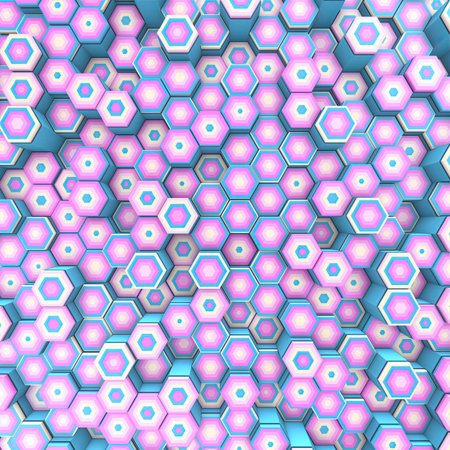 Abstract 3D rendering background in candy colors. Pink, blue, and white hexagons form a...