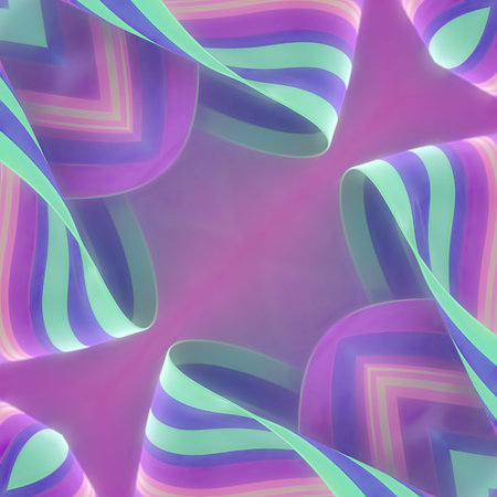 Symmetrical composition of voluminous striped ribbons with a purple center. It has retro wave aesthetics. There is space for text in the center of the composition. A bright and stylish 3D backgroundの写真素材
