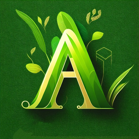 Elegant letter A on green background with leafs. Vector illustration.の写真素材