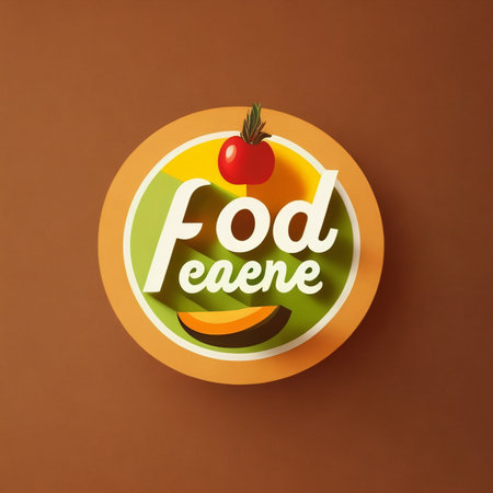 Illustration of food label on a brown background with fruits and vegetablesの写真素材