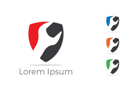 Shield repair icon design, mechanic tools in shield vector icon. Car repair service, wrench, plumber vector illustration.のイラスト素材