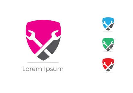 Shield repair icon design, mechanic tools in shield vector icon. Car repair service, wrench, plumber vector illustration.のイラスト素材