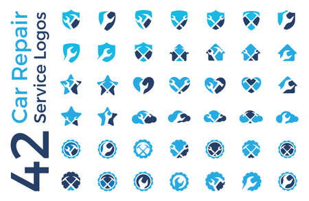 Set of automobile, wrench, mechanic, wheel logo designs. car repair service vector icons, garage logosのイラスト素材
