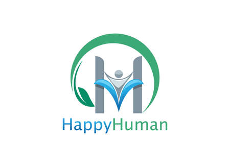 Healthy life H letter logo templates for wellness center, spa salon or yoga studio. Harmony with nature. Creative green emblems with abstract human silhouettes and leaves.のイラスト素材