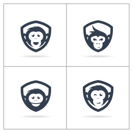 Monkey logo, Monkey face in shield vector, cute chimpanzee face illustration.のイラスト素材