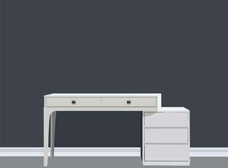 Graphics designer desk with laptop vector illustration. Beautiful office work space furniture poster on wall mock-up vector.のイラスト素材