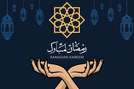 Ramadan Kareem greeting poster and hands vector background illustration. Islamic holiday icon concept. Ramadan Kareem Islamic background with lantern lamps vector design.のイラスト素材