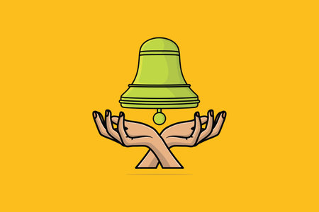Green School Bell with People Hands vector illustration. Alert and alarm objects icon design concept. Isolated bell in hand on orange background. Creative hand bell icon logo.のイラスト素材