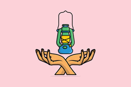 Closeup Of Women Holding Oil Lamps vector illustration. Hiking travel lantern and camping objects icon concept. Creative hand and oil lamp icon logo.のイラスト素材