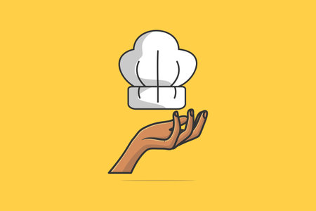 Chef Cooking Hat on Chef Hand vector illustration. Kitchen cooking object icon concept. Creative hand and chef cap icon logo.のイラスト素材