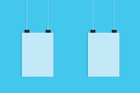 Blank Hanging paper with Clip poster design. Paper sheet with shadow in A4 format and black paper clip template, poster design concept.のイラスト素材