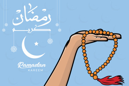 Hand Holding Chaplet of Beads and Ramadan Kareem calligraphy vector background illustration. Islamic holiday icon concept. Ramadan Kareem lantern lamp in background icon design.のイラスト素材