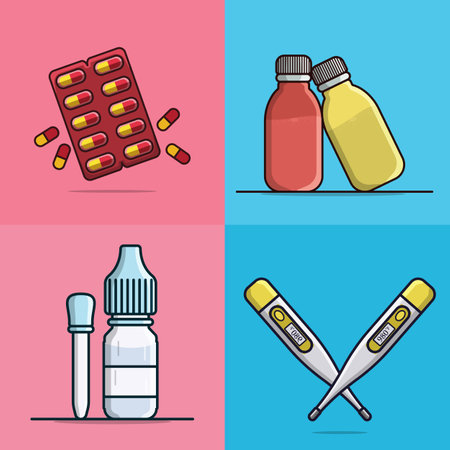 Medical and Health Care collection vector illustration. Set of Medical and Pharmacy elements Capsule Pills Strip, Eyedropper, Cough Syrup Bottles and Digital Thermometer vector design.のイラスト素材