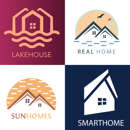 Collection of Modern House vector logo. Building and landmark object icon concept. Beautiful minimalist home front view. Creative modern beach property logo design.のイラスト素材