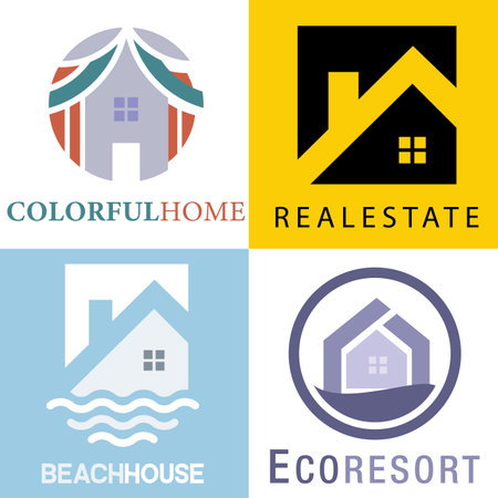 Collection of Modern House vector logo. Building and landmark object icon concept. Beautiful minimalist home front view. Creative modern beach property logo design.のイラスト素材