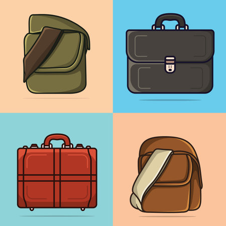 Set of School, Office Suitcase and Traveling Bag Backpack vector illustration. Education and Traveling object icon concept. Collection of Student bags and office bag vector design.のイラスト素材