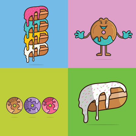 Set of Donuts and Cartoon face with Icing vector illustration. Food objects icon concept. Set of colorful glossy donuts with glaze and powder vector design with shadow. Colorful donuts logo design.のイラスト素材