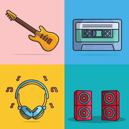 Set of music vector illustration.Guitar,headphone,speaker and Cassette Tape Technology recreation icon conceptのイラスト素材