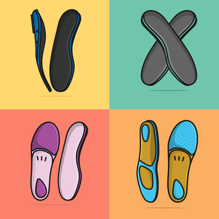 Set of Comfortable Orthotics Shoe Insole Pair, Arch Supports vector illustration. Fashion object icon concept. Collection of insoles for a comfortable and healthy walk vector design with shadow.のイラスト素材