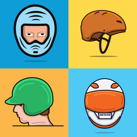 Set of Sport Safety Helmet equipment vector illustration. People head safety object icon concept. Collection of Motorbike Helmet, Baseball and Cycling Helmet vector design.のイラスト素材