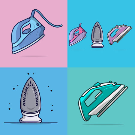 Set of Colorful House Electric Iron vector illustration. Home interior objects icon concept. Electric iron household appliance for steaming clothes vector design.のイラスト素材