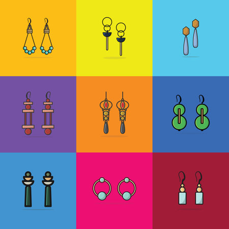 Collection Of Lady Earring with Gemstone vector illustration. Beauty fashion objects icon concept. Trendy flat colorful earrings jewelry vector design.のイラスト素材