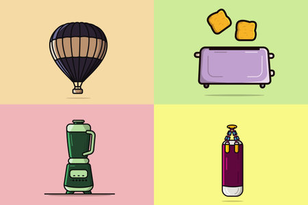 Collection of home objects vector illustration. air balloon, fried bread pieces, juicer, and punching bag icon design.のイラスト素材