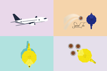 Tea time. collection of kettles and cups with airplane Cartoon illustrations. Breakfast time on the table.のイラスト素材